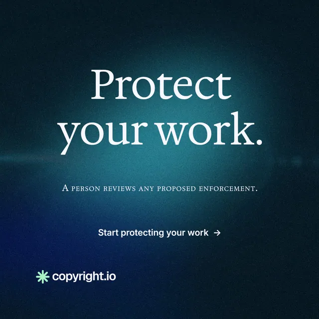 Instagram post for copyright.io: "Protect your work." Minimal luxury style, smallcaps layout, dark palette in black, blue, teal.