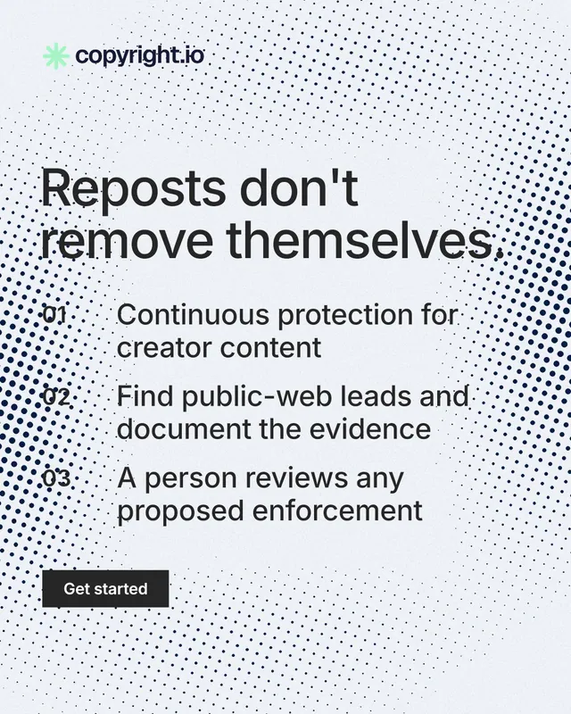 Instagram portrait post for copyright.io: "Reposts don't remove themselves." Swiss style, numbered layout, light palette in blue, white, grey.