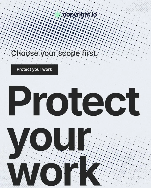 Instagram portrait post for copyright.io: "Continuous protection for creators." Swiss style, oversized layout, light palette in white, blue, grey.