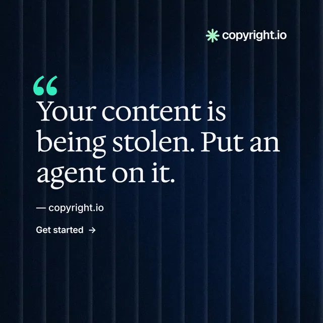 Instagram post for copyright.io: "Reposts don't remove themselves." Minimal luxury style, quote layout, dark palette in black, blue.
