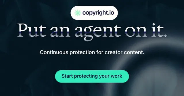 Social ad for copyright.io: "Put an agent on it." Y2K style, centred layout, dark palette in black, teal, blue.