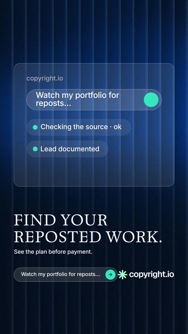 Instagram story for copyright.io: "Find your reposted work." Agentic glass style, bottom layout, dark palette in blue, black.