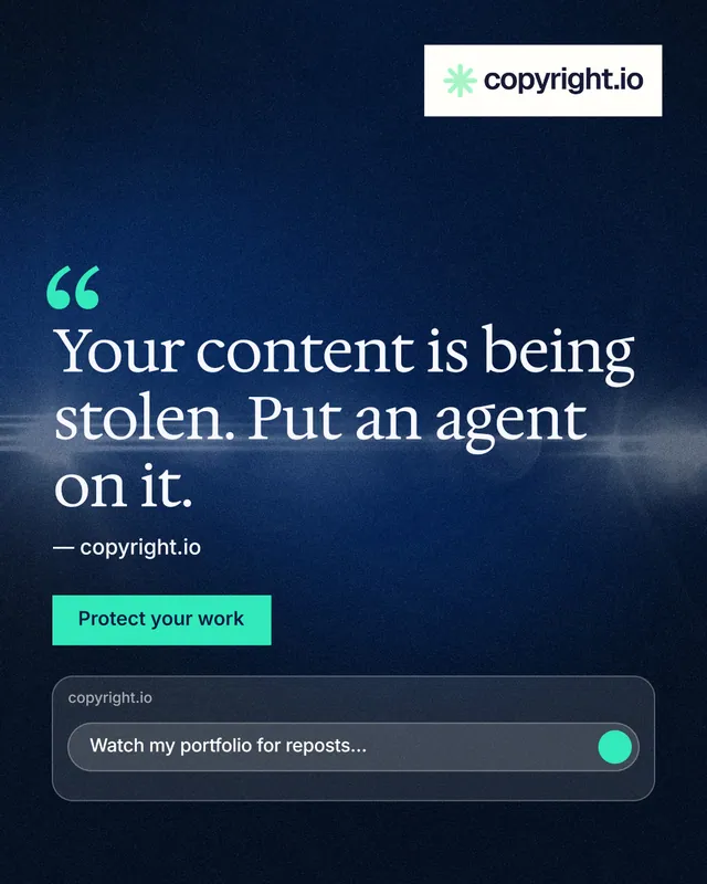 Instagram portrait post for copyright.io: "Evidence, documented." Swiss style, quote layout, dark palette in blue, black.