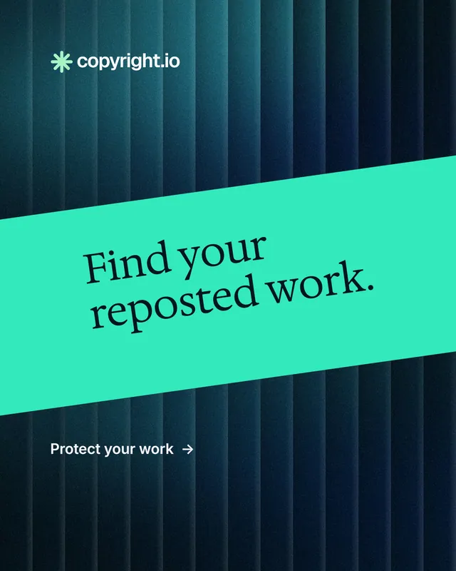 Instagram portrait post for copyright.io: "Find your reposted work." Minimal luxury style, diagonal layout, dark palette in blue, black, teal.