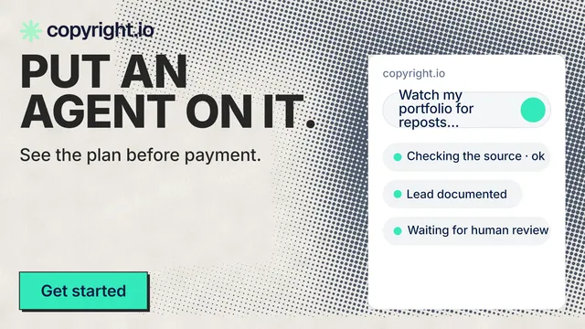 Landscape graphic for copyright.io: "Put an agent on it." Brutalist style, skeleton layout, light palette in white, grey.