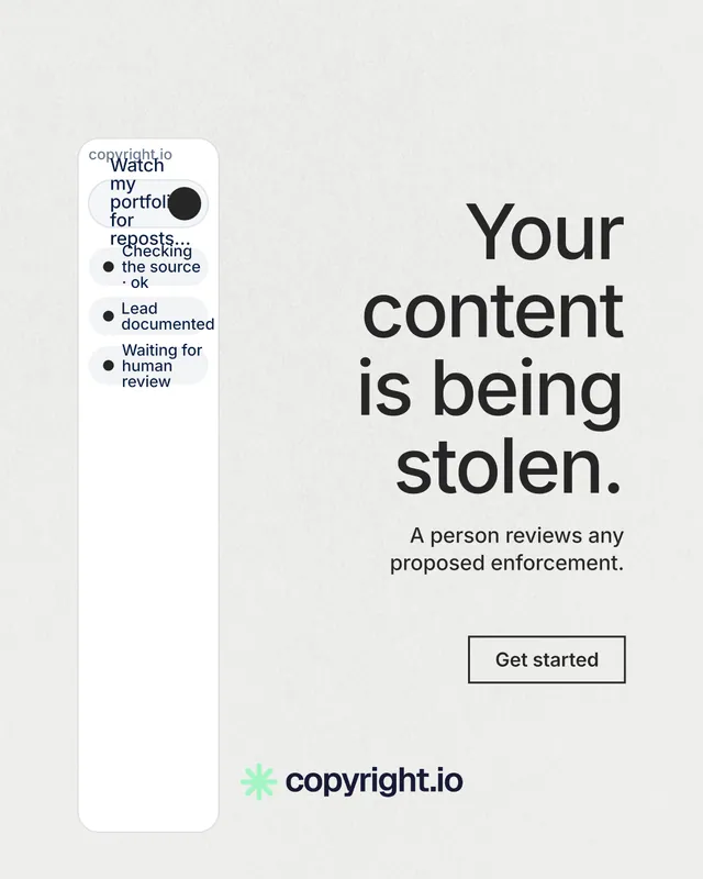 Instagram portrait post for copyright.io: "Your content is being stolen." Editorial style, right layout, light palette in white, grey.