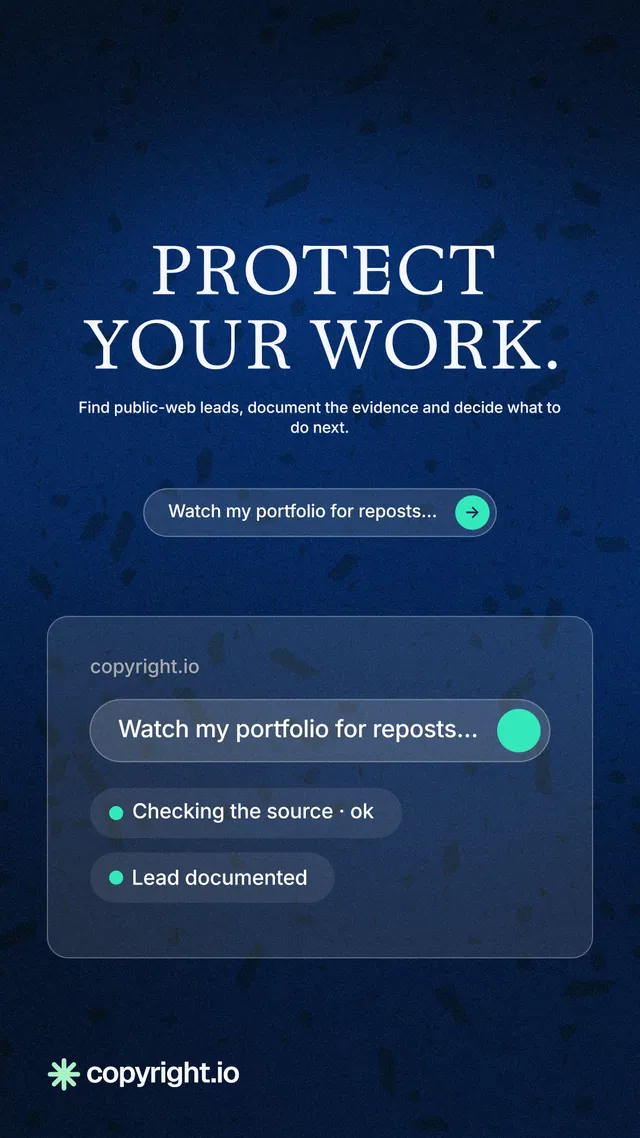 Instagram story for copyright.io: "Protect your work." Agentic glass style, centred layout, dark palette in black, blue.