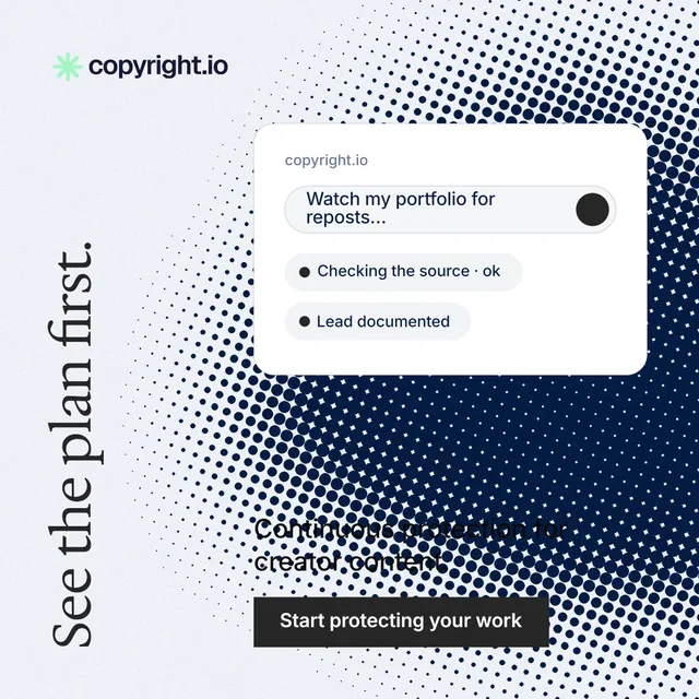 Instagram post for copyright.io: "See the plan first." Split block style, vertical layout, light palette in white, blue, grey.