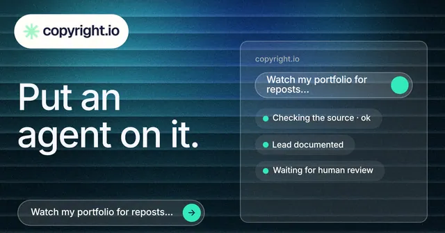 Social ad for copyright.io: "Put an agent on it." Agentic glass style, bottom layout, dark palette in blue, black.