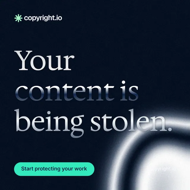 Instagram post for copyright.io: "Your content is being stolen." Y2K style, poster layout, dark palette in black, grey.
