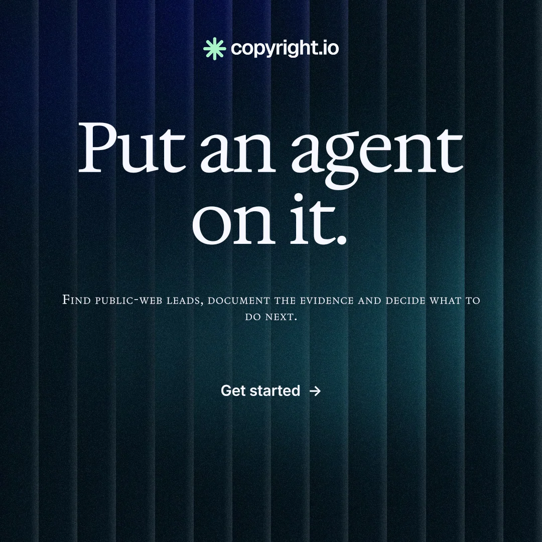 Instagram post for copyright.io: "Put an agent on it." Agentic glass style, smallcaps layout, dark palette in black, blue.