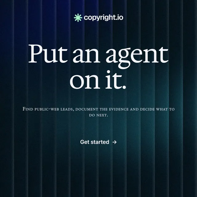 Instagram post for copyright.io: "Put an agent on it." Agentic glass style, smallcaps layout, dark palette in black, blue.