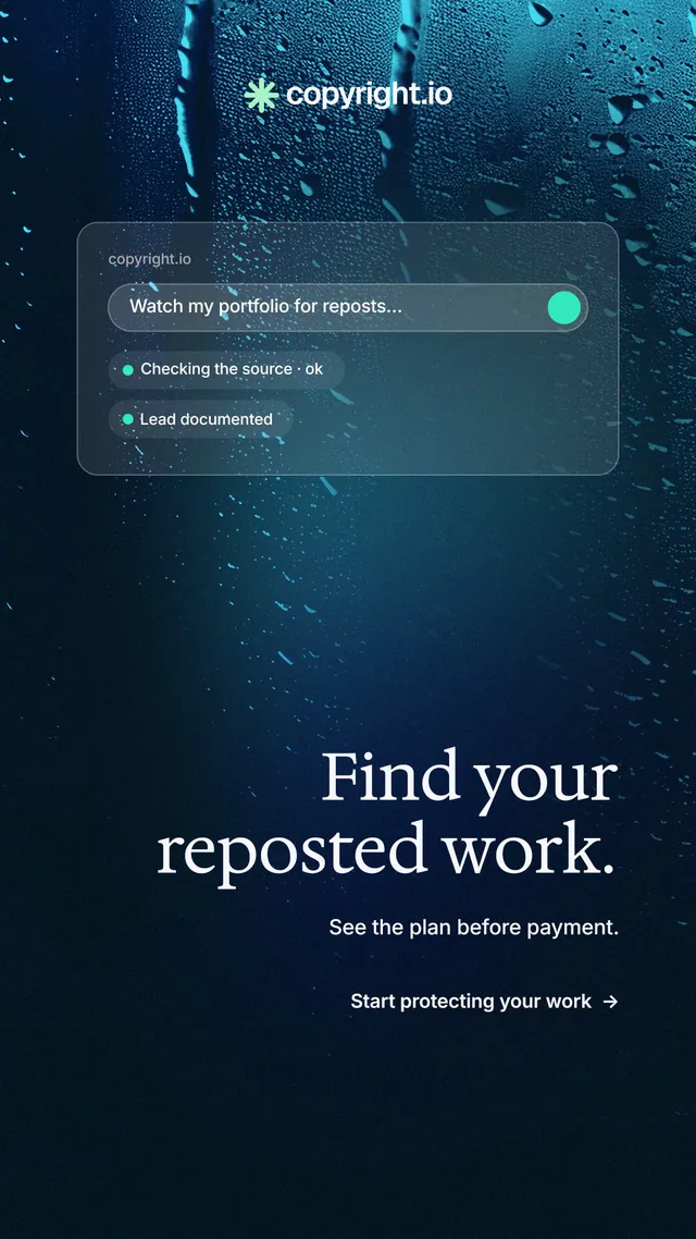 Instagram story for copyright.io: "Find your reposted work." Minimal luxury style, right layout, dark palette in blue, black.