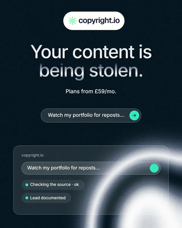 Instagram portrait post for copyright.io: "Your content is being stolen." Agentic glass style, centred layout, dark palette in blue, black, grey.