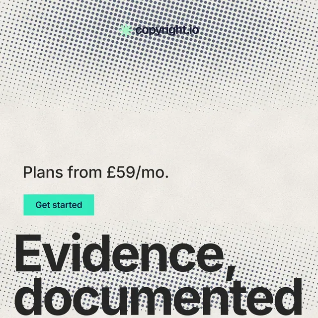 Instagram post for copyright.io: "See the plan first." Swiss style, oversized layout, light palette in white, yellow, orange.