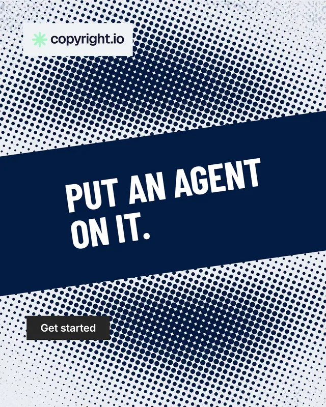 Instagram portrait post for copyright.io: "Put an agent on it." Retro print style, diagonal layout, light palette in white, grey, blue.
