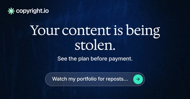 Social ad for copyright.io: "Your content is being stolen." Agentic glass style, centred layout, dark palette in blue, black.
