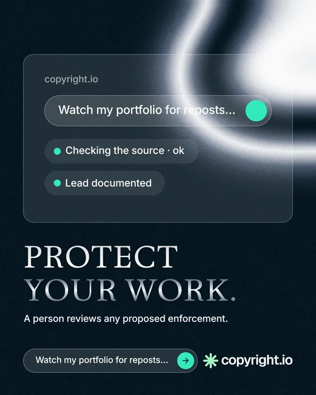Instagram portrait post for copyright.io: "Protect your work." Agentic glass style, bottom layout, dark palette in blue, black, grey.