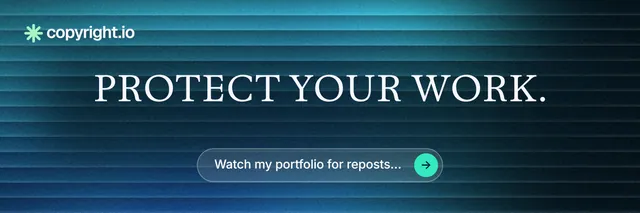 X header for copyright.io: "Protect your work." Agentic glass style, centred layout, dark palette in blue, black, teal.