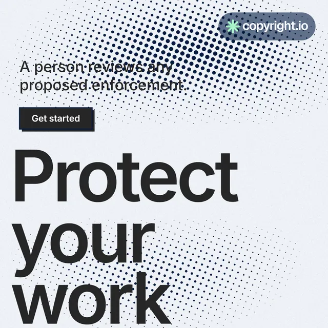 Instagram post for copyright.io: "Protect your work." Brutalist style, oversized layout, light palette in white, grey.