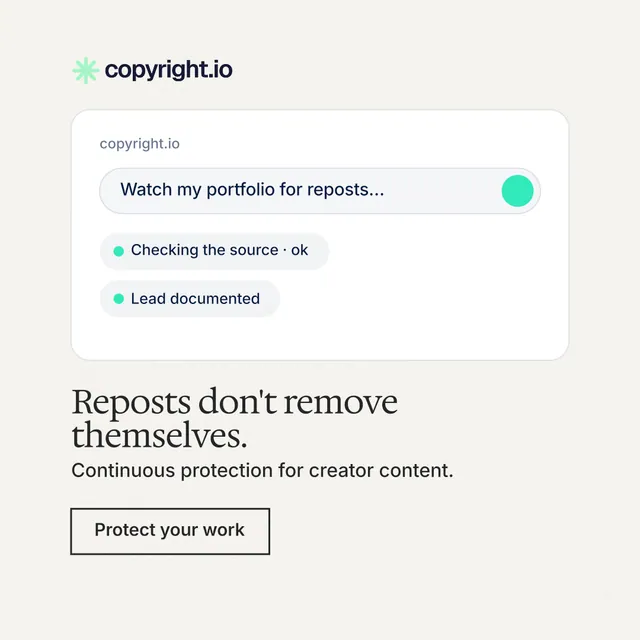 Instagram post for copyright.io: "Reposts don't remove themselves." Editorial style, bottom layout, light palette in white.