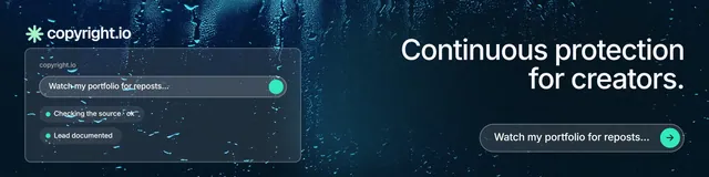 LinkedIn banner for copyright.io: "Continuous protection for creators." Agentic glass style, right layout, dark palette in black, blue, grey.