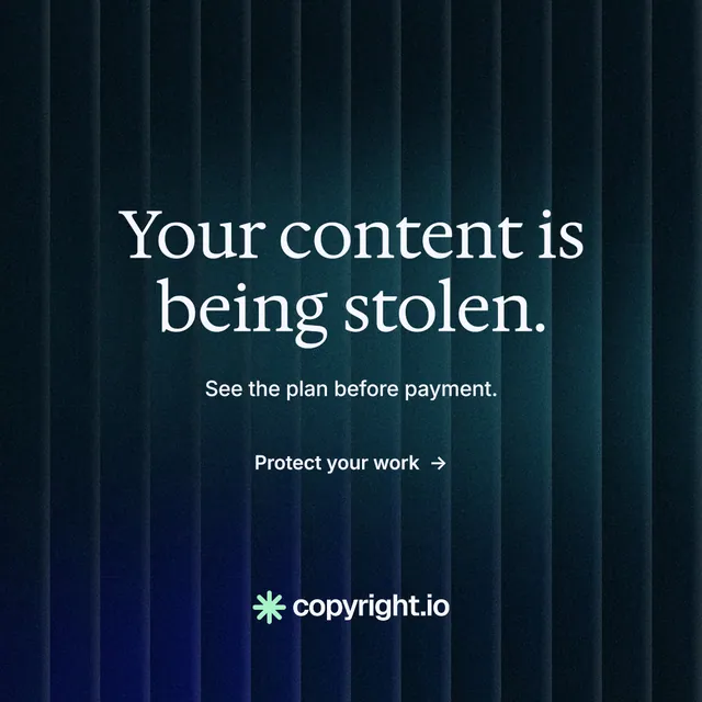 Instagram post for copyright.io: "Your content is being stolen." Minimal luxury style, centred layout, dark palette in black, blue.