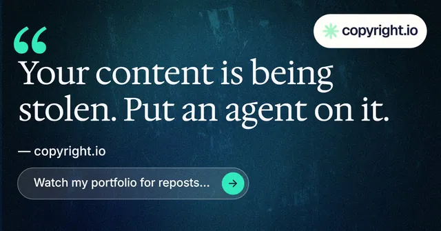 Social ad for copyright.io: "Reposts don't remove themselves." Agentic glass style, quote layout, dark palette in blue, black, grey.