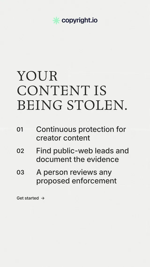 Instagram story for copyright.io: "Your content is being stolen." Minimal luxury style, numbered layout, light palette in white.