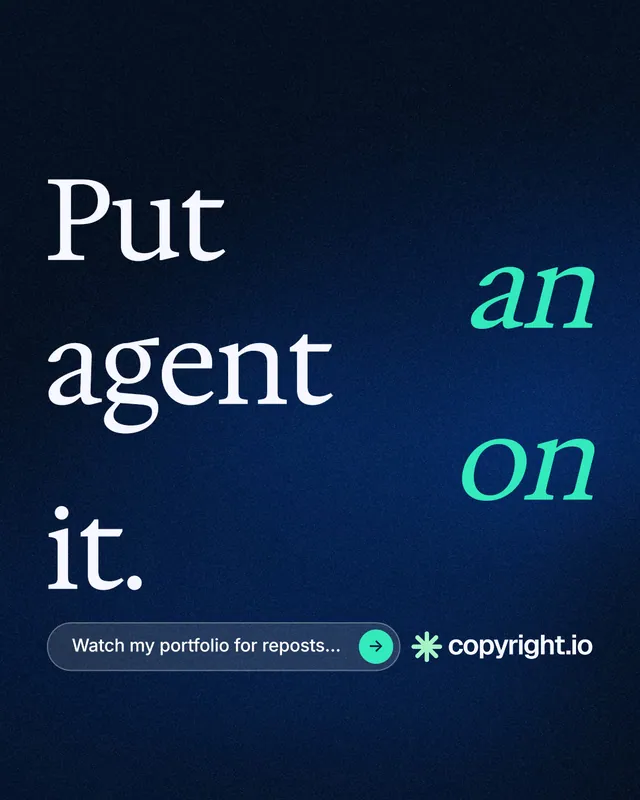 Instagram portrait post for copyright.io: "Put an agent on it." Agentic glass style, stacked layout, dark palette in black, blue.