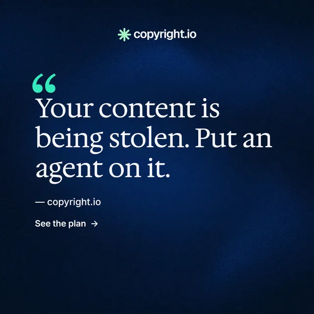 Instagram post for copyright.io: "Continuous protection for creators." Minimal luxury style, quote layout, dark palette in black, blue.