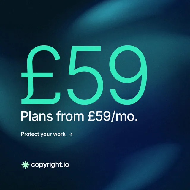 Instagram post for copyright.io: "See the plan first." Minimal luxury style, stat layout, dark palette in blue, black, teal.