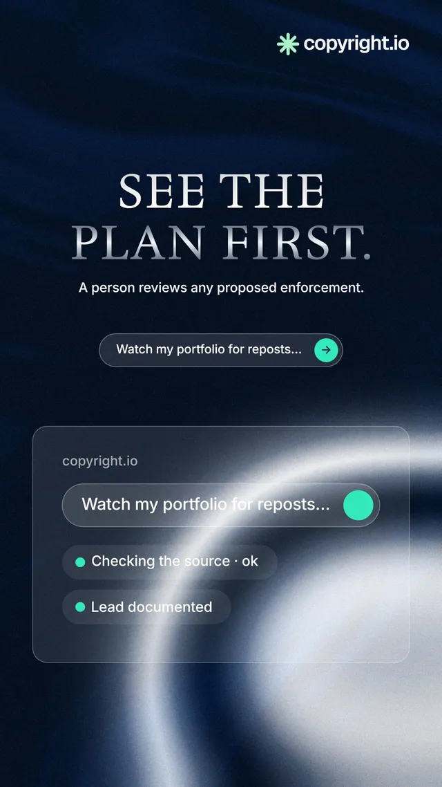 Instagram story for copyright.io: "See the plan first." Agentic glass style, centred layout, dark palette in blue, grey, black.
