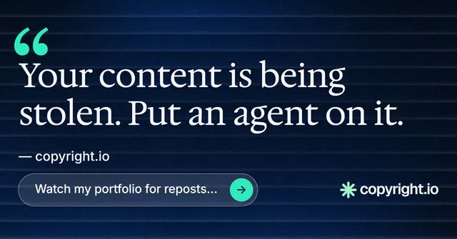 Social ad for copyright.io: "Protect your work." Agentic glass style, quote layout, dark palette in blue, black.