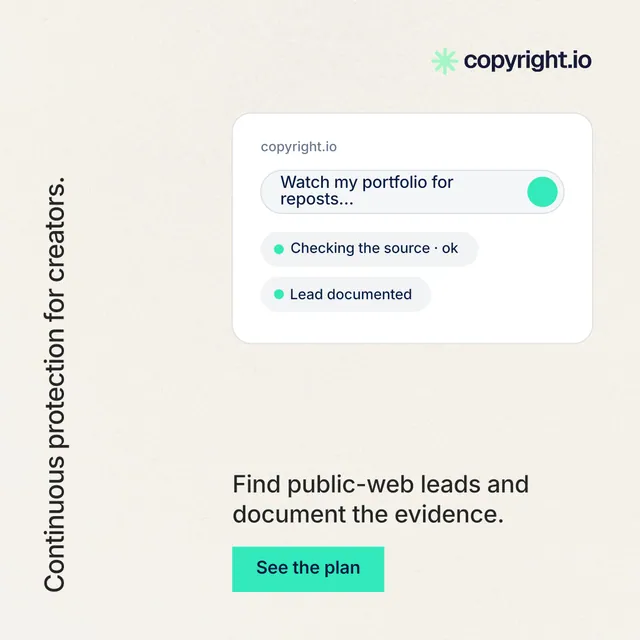 Instagram post for copyright.io: "Continuous protection for creators." Swiss style, vertical layout, light palette in white.
