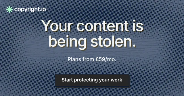 Social ad for copyright.io: "Your content is being stolen." Brutalist style, centred layout, dark palette in blue, grey.
