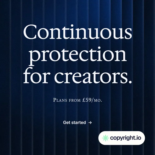 Instagram post for copyright.io: "Continuous protection for creators." Agentic glass style, smallcaps layout, dark palette in blue, black.
