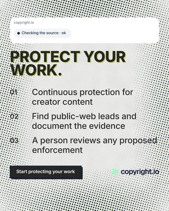 Instagram portrait post for copyright.io: "Protect your work." Brutalist style, numbered layout, light palette in white, grey.