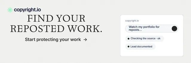X header for copyright.io: "Find your reposted work." Minimal luxury style, skeleton layout, light palette in white.