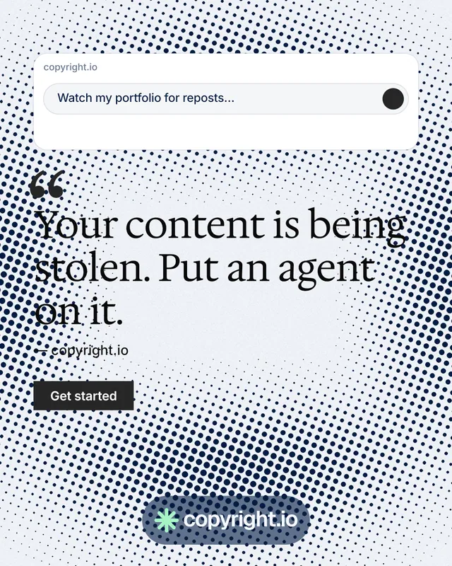 Instagram portrait post for copyright.io: "Find your reposted work." Swiss style, quote layout, light palette in white, blue, grey.
