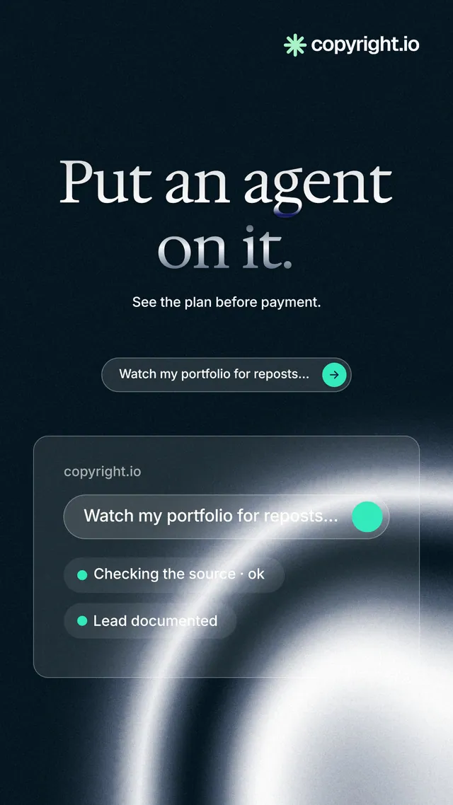 Instagram story for copyright.io: "Put an agent on it." Agentic glass style, centred layout, dark palette in black, blue, grey.
