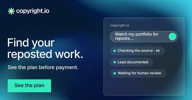 Social ad for copyright.io: "Find your reposted work." Swiss style, bottom layout, dark palette in black, blue, teal.