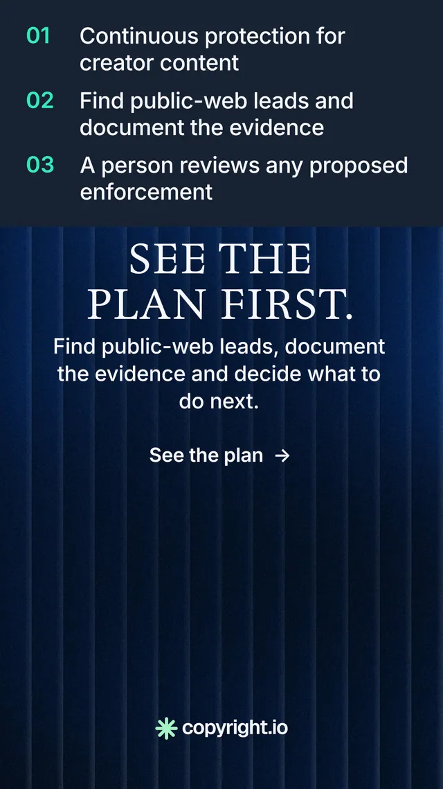 Instagram story for copyright.io: "See the plan first." Minimal luxury style, skeleton layout, dark palette in blue, black.