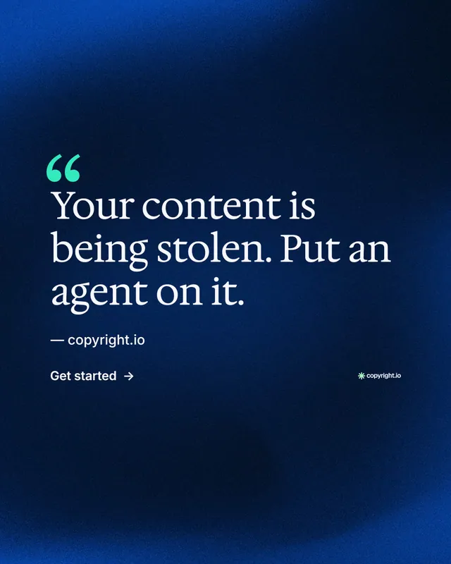 Instagram portrait post for copyright.io: "Reposts don't remove themselves." Minimal luxury style, quote layout, dark palette in blue, black.