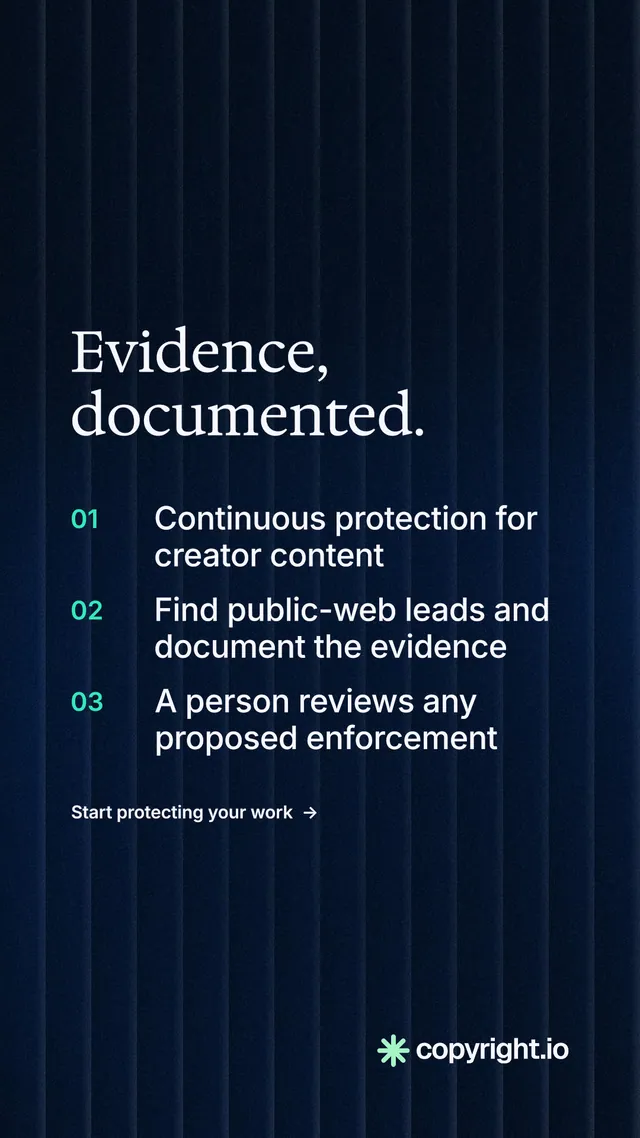 Instagram story for copyright.io: "Evidence, documented." Minimal luxury style, numbered layout, dark palette in black, blue.