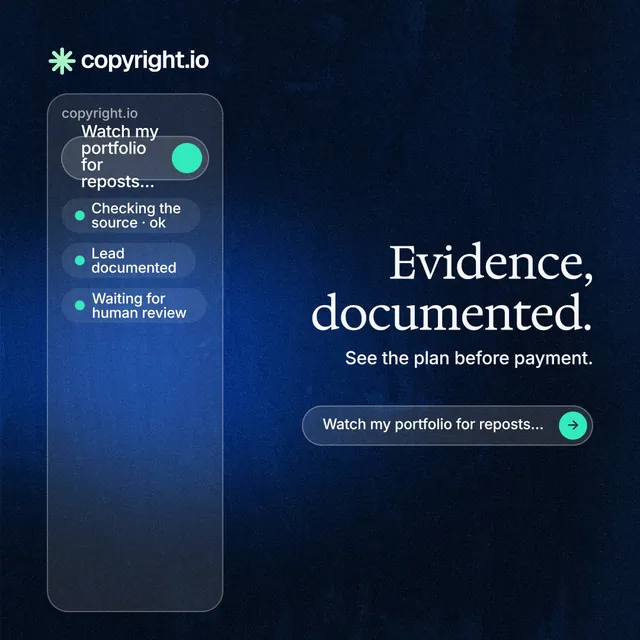 Instagram post for copyright.io: "Evidence, documented." Agentic glass style, right layout, dark palette in blue, black.