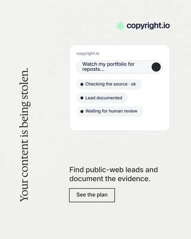 Instagram portrait post for copyright.io: "Your content is being stolen." Editorial style, vertical layout, light palette in white.