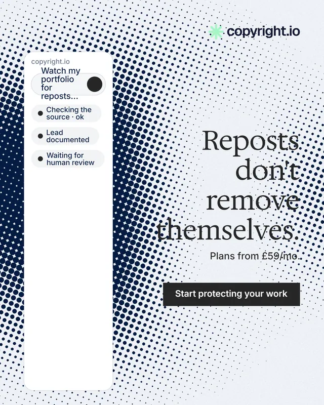 Instagram portrait post for copyright.io: "Reposts don't remove themselves." Split block style, right layout, light palette in white, grey.