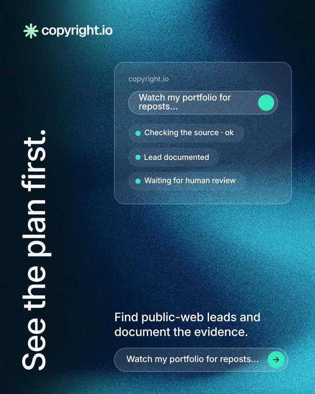Instagram portrait post for copyright.io: "See the plan first." Agentic glass style, vertical layout, dark palette in black, blue, teal.
