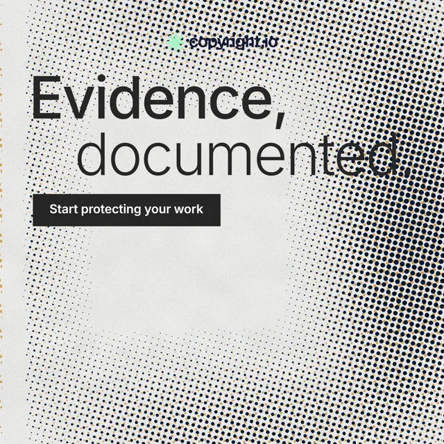 Instagram post for copyright.io: "Evidence, documented." Swiss style, stacked layout, light palette in grey, white.